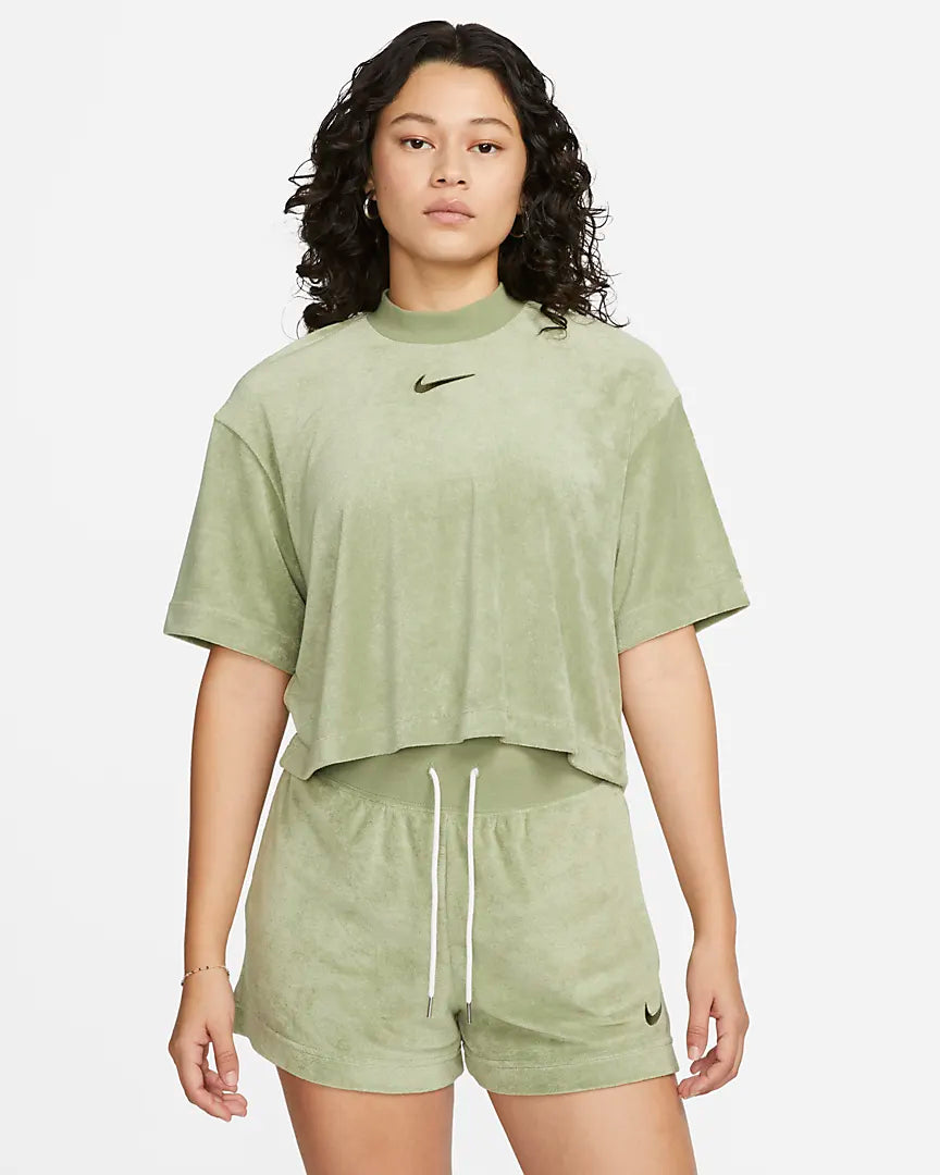 Nike Sportswear Mock-Neck Short-Sleeve Terry Top - Oil Green